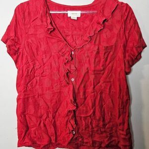 Anthropologie Maeve Red Ruffle Blouse Polka Dot Short Sleeve Vneck Medium